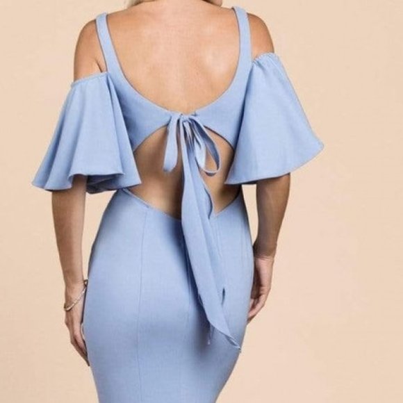 NEW LONG OFF THE SHOULDER TRUMPET DRESS WITH FLARED SLEEVES & DEEP SLIT CD A0079 - Picture 5 of 6